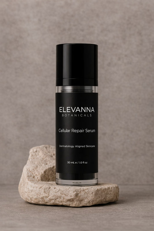 Elevanna Botanicals Cellular Repair Serum bottle on a stone surface with a neutral background
