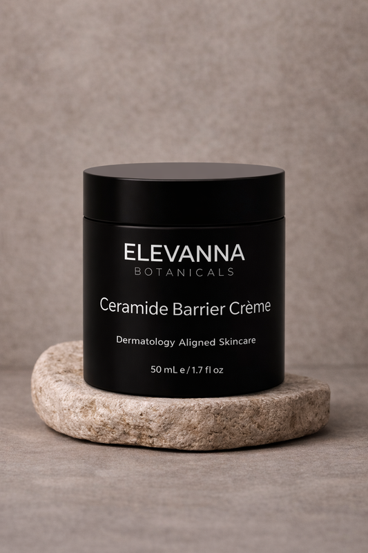 Elevanna Botanicals Ceramide Barrier Creme jar on a stone surface with a neutral background