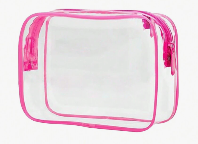 skin co by hannah Clear pouch with pink zipper on a white background